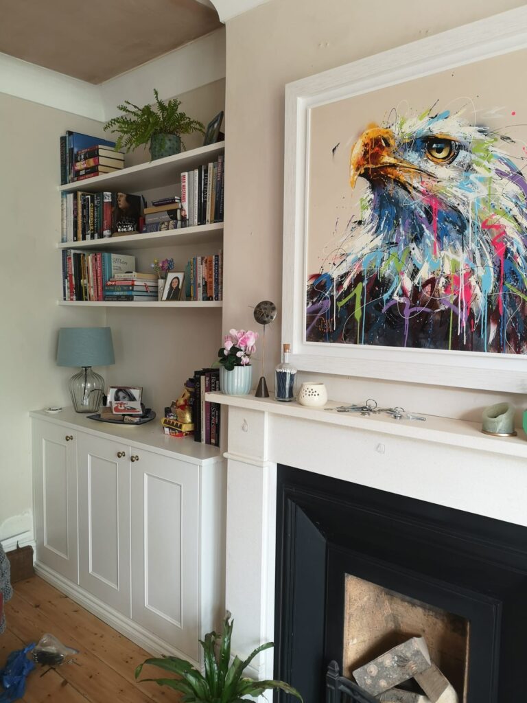 Beaded cabinet doors with fitted floating shelves